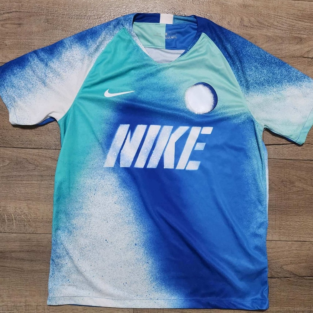 Nike VaporKnit Mens Large Blue Teal Spray Paint Graphic Soccer Jersey AJ1014-400